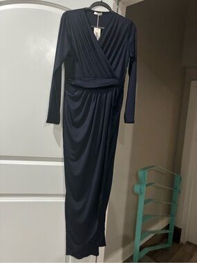 Elegant Navy Wrap-Style Long Sleeve Dress